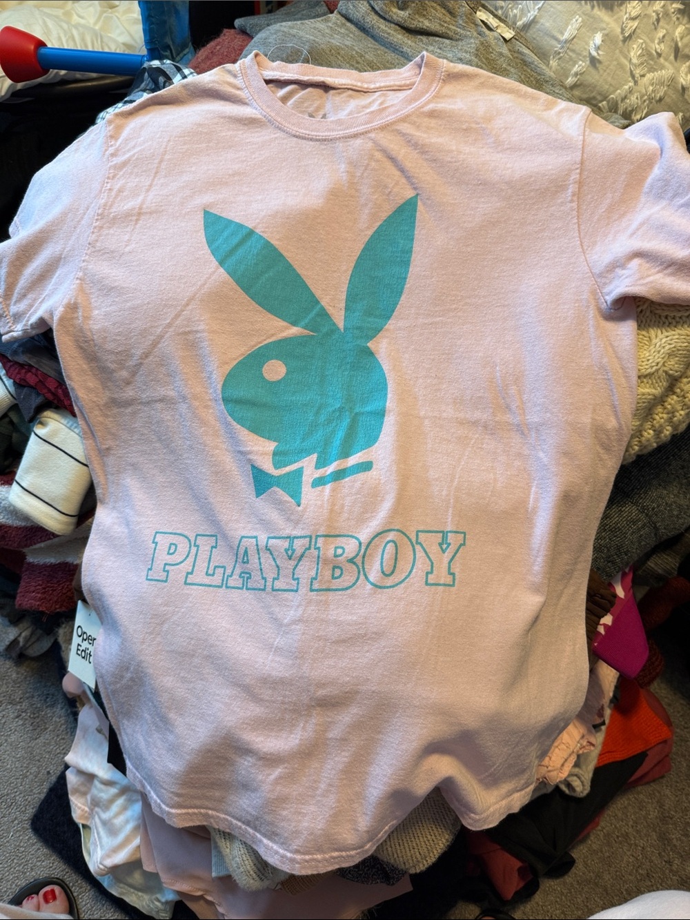 PLAYBOY Pink Tee with Teal Bunny Graphic